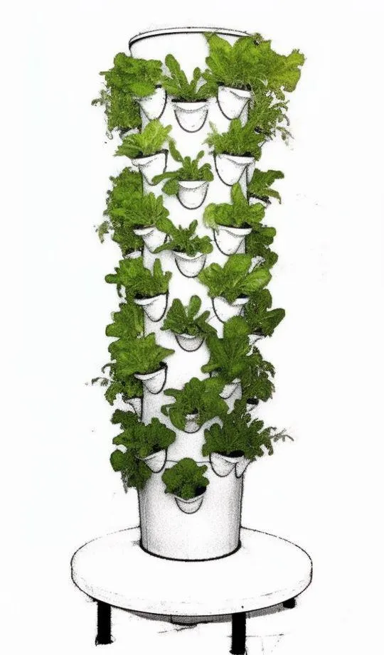 A drawing of a cylindrical growing tower with plants around its sides.