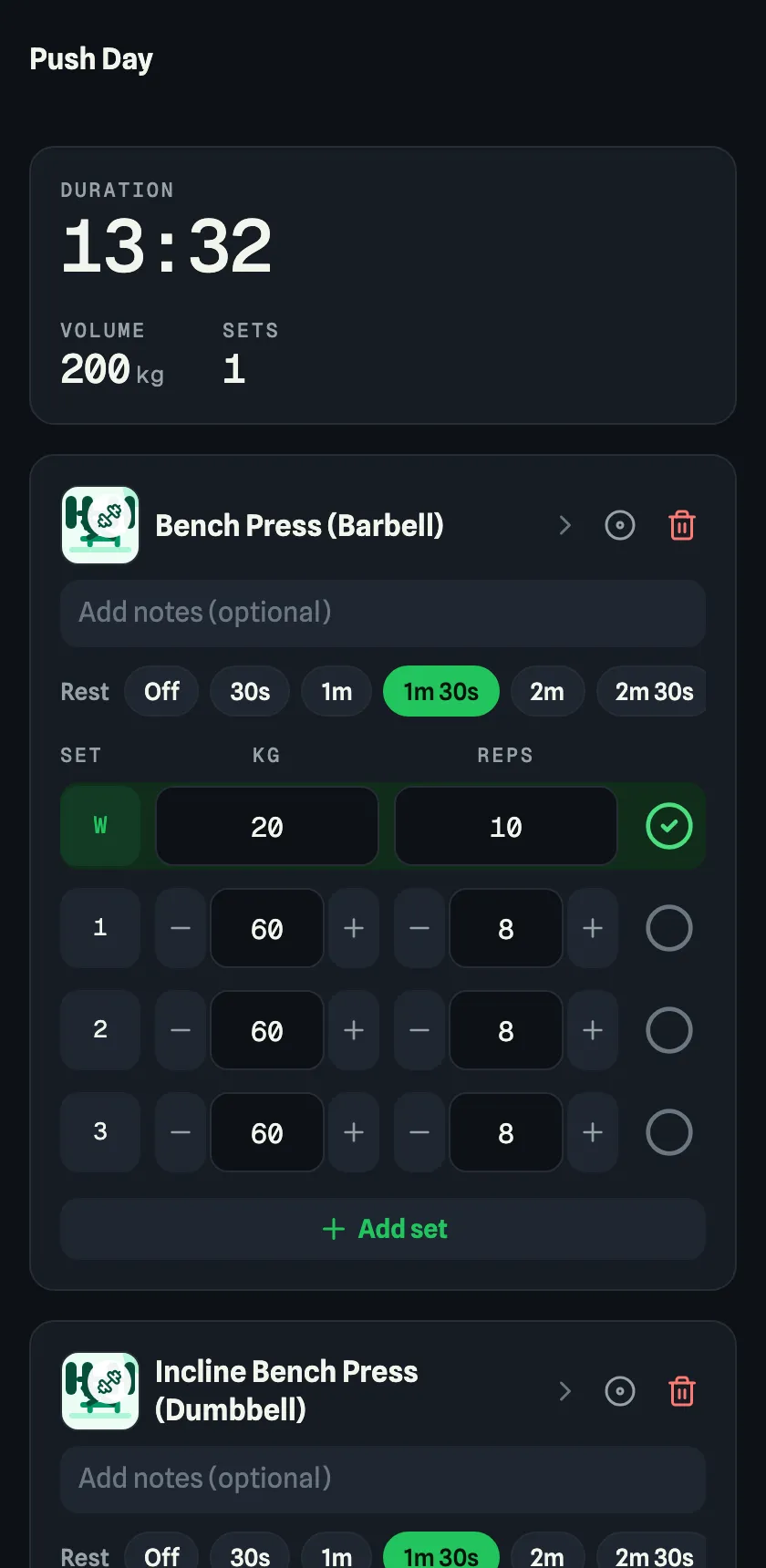 FYL dark workout logger with bench press set controls.