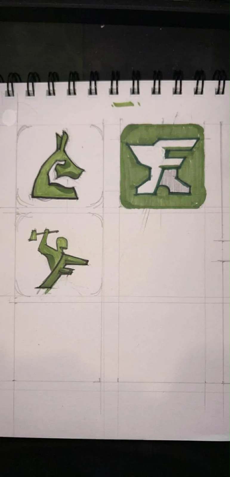 Sketchbook page with green marker studies of an animal mascot, an F-shaped anvil app icon, and a figure lifting a hammer.