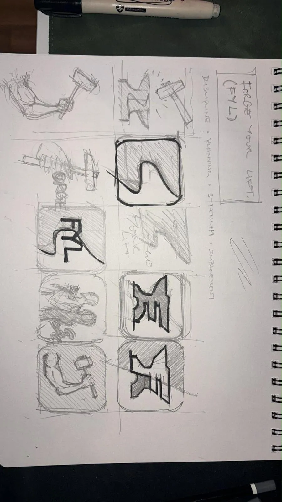 Sketchbook page headed Forge Your Lift, with pencil studies of hammers, lifters, lettering, and F-shaped anvils.