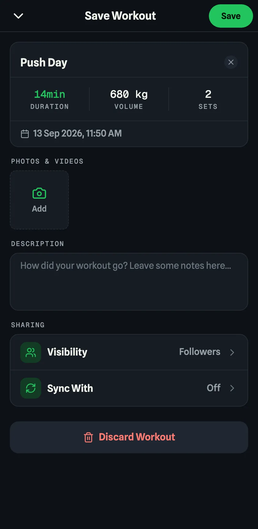 FYL workout summary with duration, volume, sets, and sharing controls.