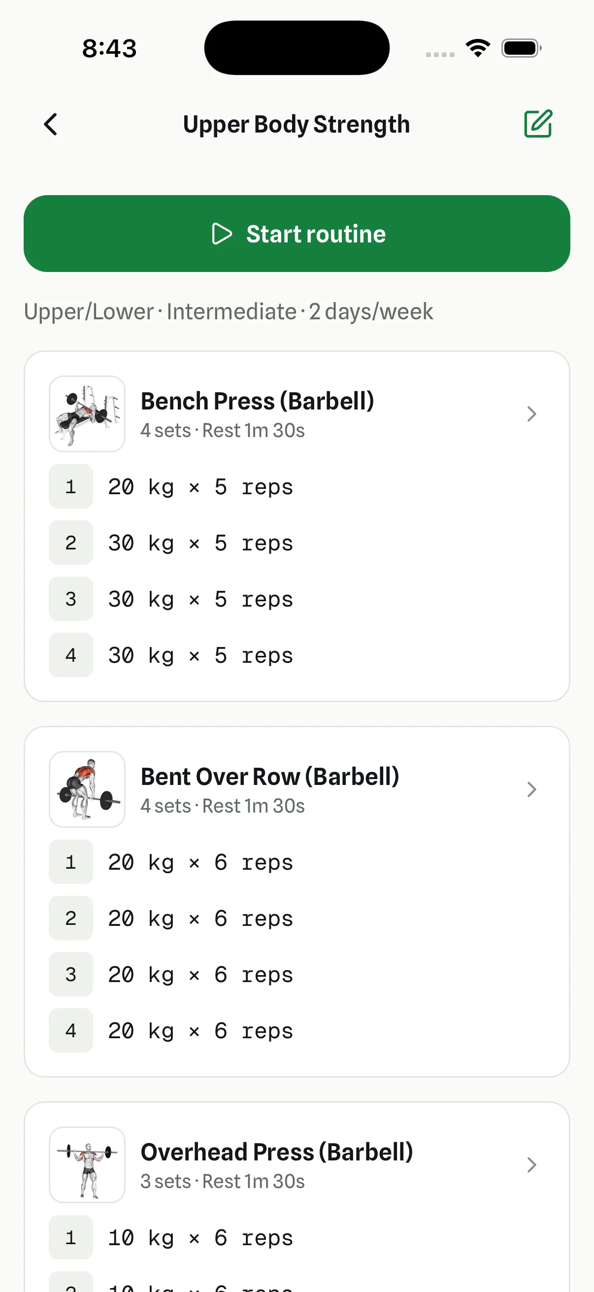 FYL routine with exercises, sets, and a start button.