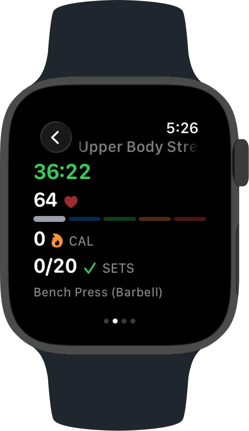 FYL Apple Watch companion showing workout duration, heart rate, calories, and set progress.